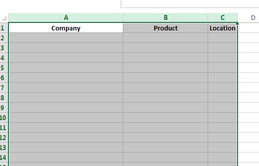 Excel columns A through C selected