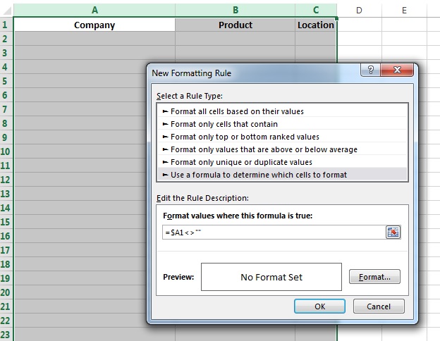 Excel conditional formatting formula option