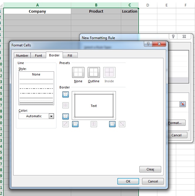 Excel Format Cells Border tab with Outline selected