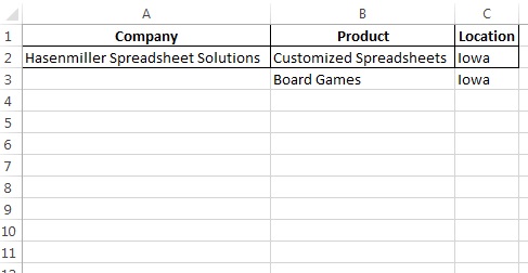 Excel row without a border after column A data is removed